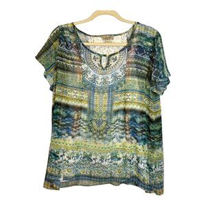 One World Blouse Women's Size XL Tank Lightweight‎ Sheer Lace Blue Green